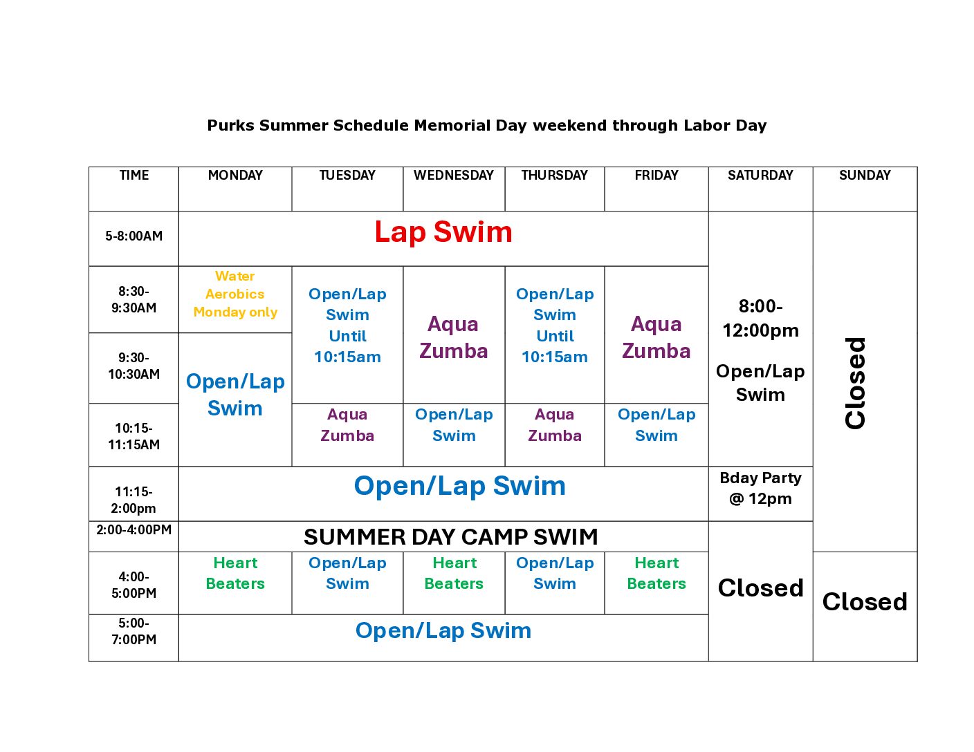 Purks Pool Summer Schedule 2026